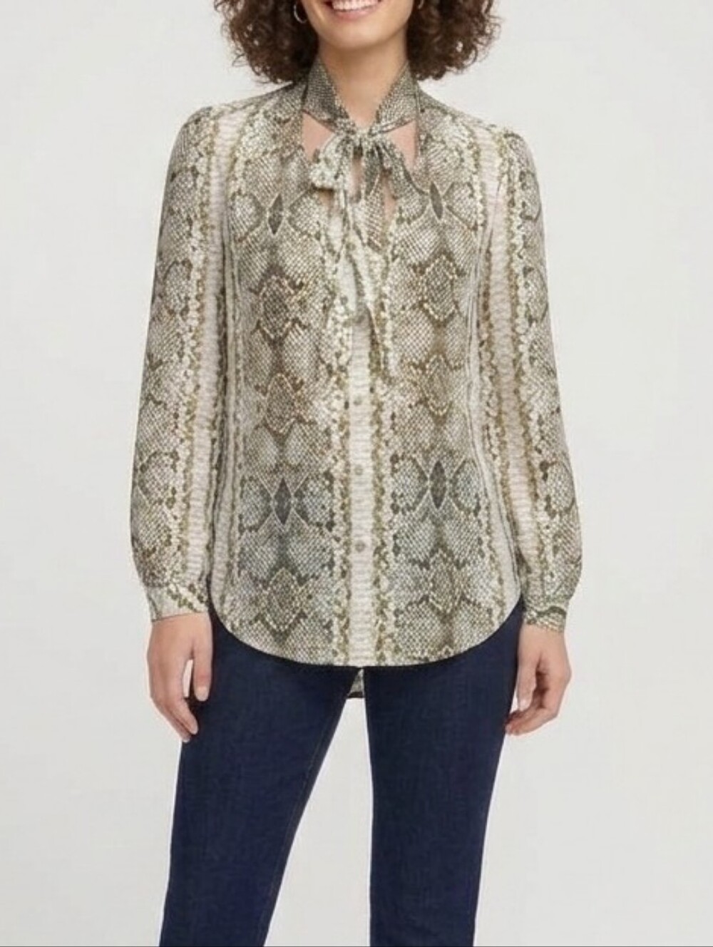 J.Crew Snakeskin Pussy Bow Blouse Snake Print Tie Neck Long Sleeve Size 8